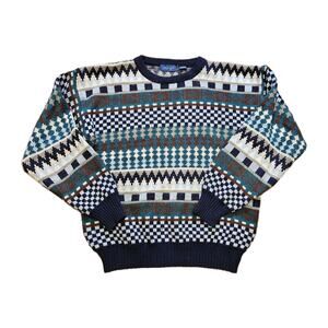 Vtg Towncraft Geometric Grandpa Sweater Womens L Blue Teal Retro Aztec Boho